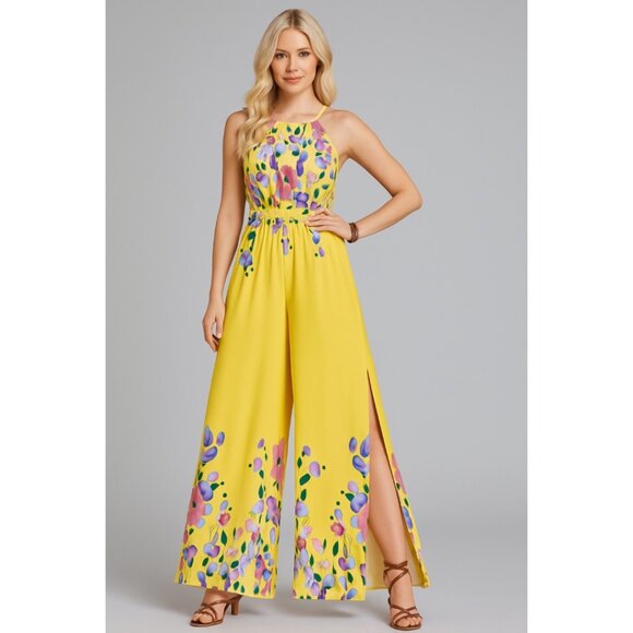 Boho Split Sides Floral Wide Leg Jumpsuit Yellow - Picture 3 of 4